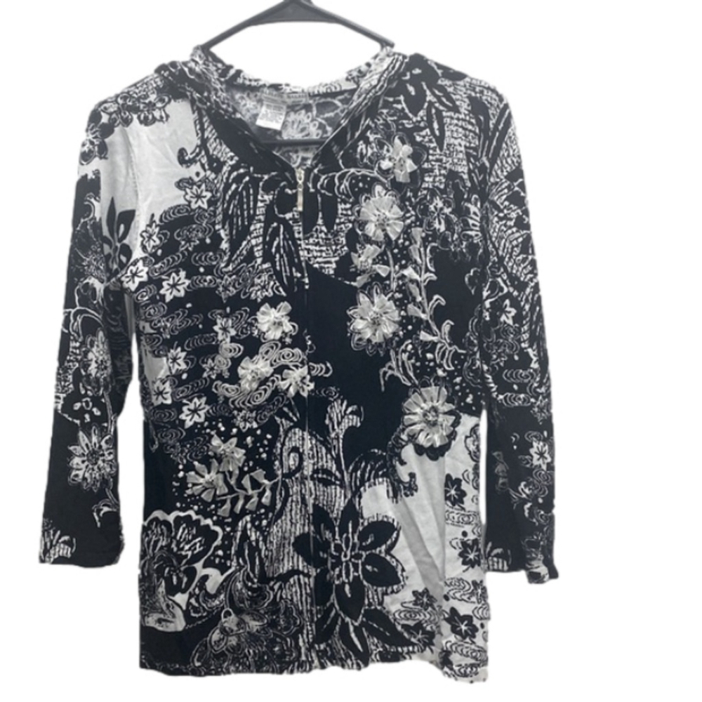 Alberto Makali zip up hooded light sweatshirt floral embroidered size medium